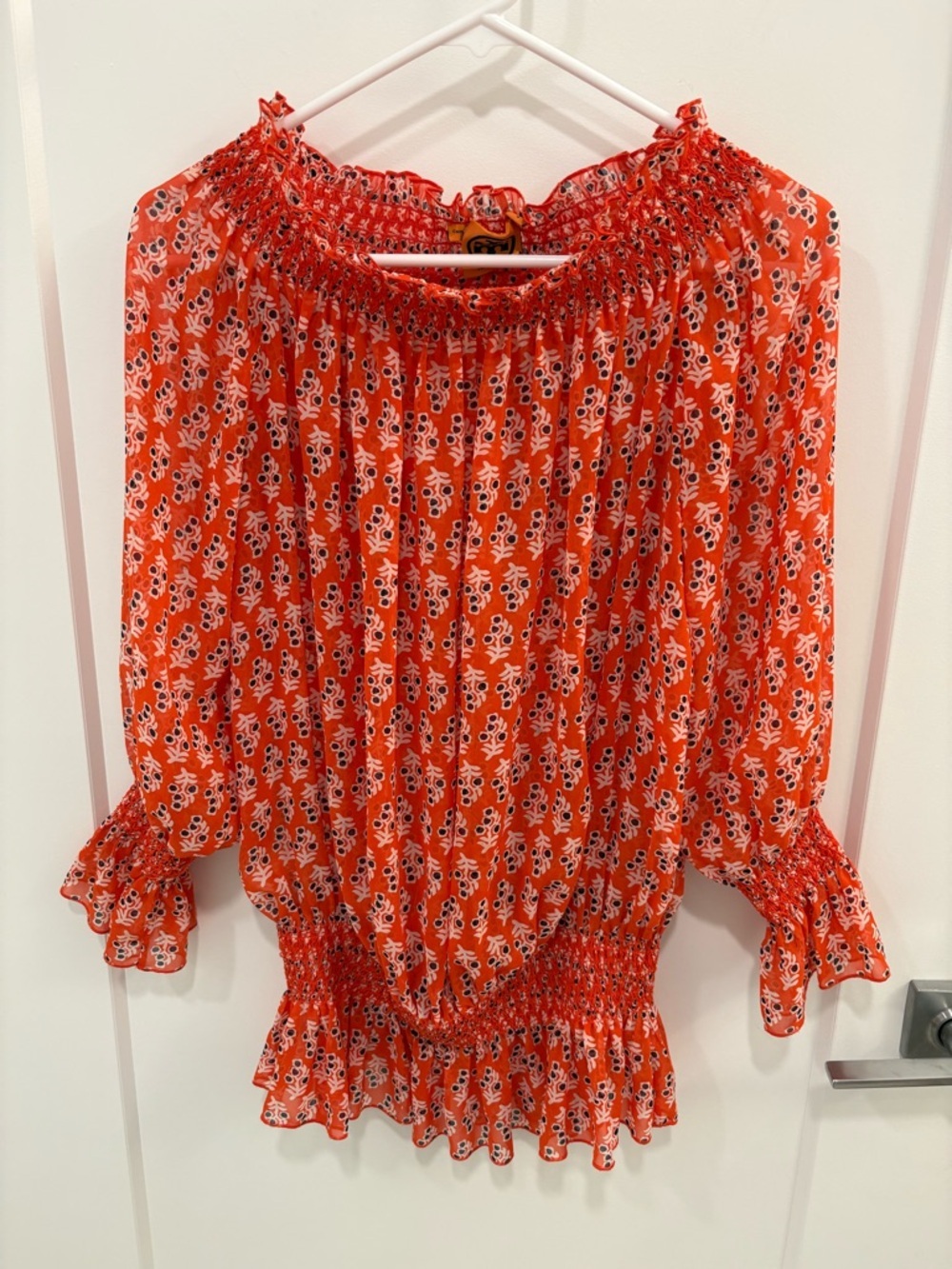 Tory Burch Red Smocked Sheer Cold Shoulder Peasant Blouse Size 4